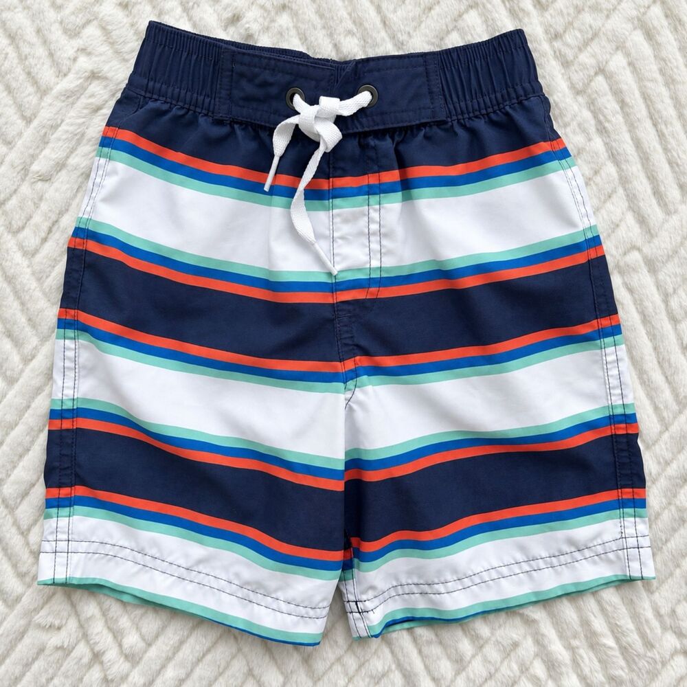 Hanna Andersson Size 3 Striped Swim Trunks Navy Blue Lined Board Shorts